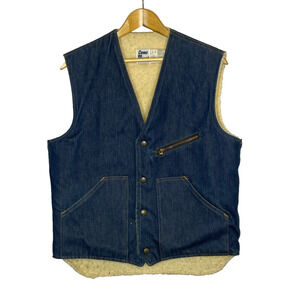 Mens Medium Vtg Come On Strong Sherpa Lined Dark Wash Selvage Denim Vest Western